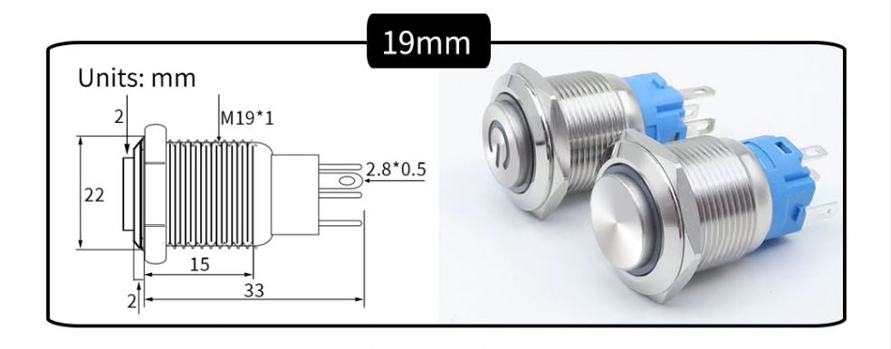 Momentary Push Button Switch Blue 19mm with Wiring Harness