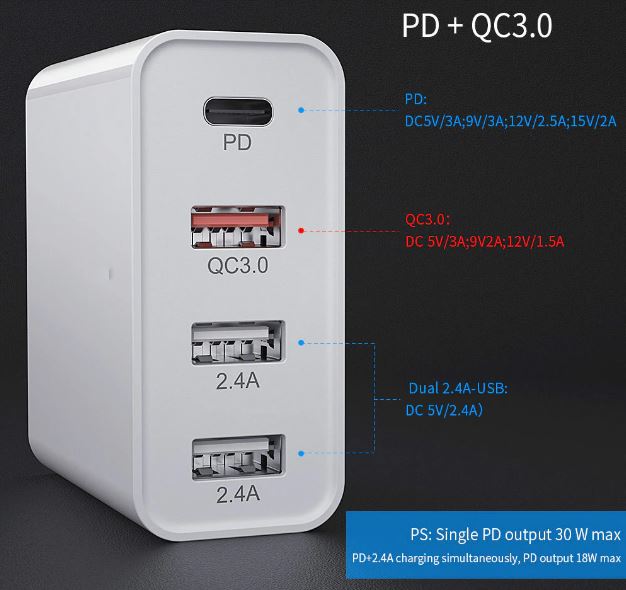 48W USB Quick Charger with PD Port White